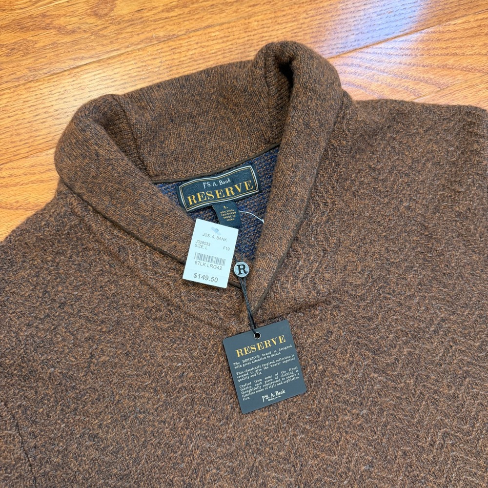 Jos. A. Bank Reserve Wool Sweater Mens Large Brown Shawl Collar Pullover Knit